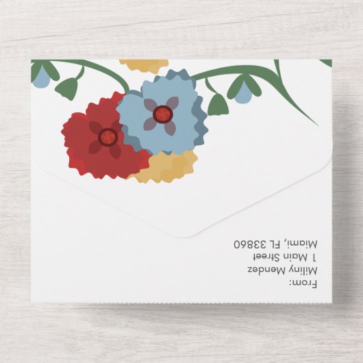 メキシコの花模様、レッドブルーの植物結婚学会  オールインワン招待状 (裏面)