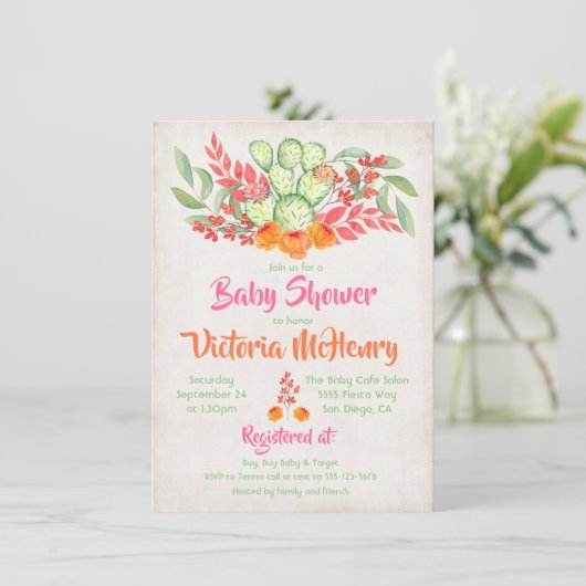 メキシコの赤ちゃんシャワー水の色サボテン招待状 招待状 (スタンド正面)