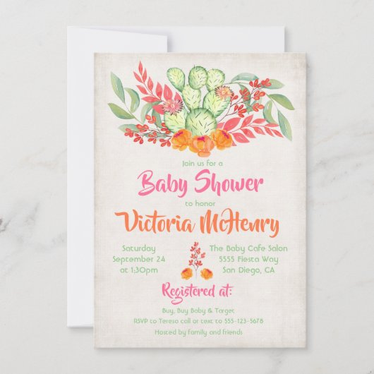 メキシコの赤ちゃんシャワー水の色サボテン招待状 招待状 (正面)