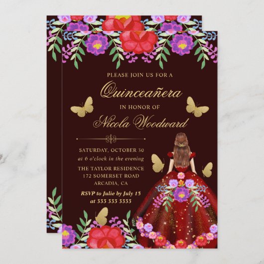 メキシコの赤毛の女性フローラドレスQuinceanera 招待状 (正面/裏面)