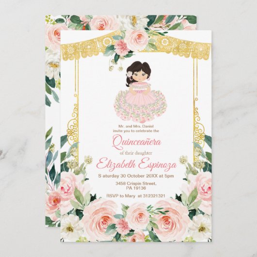 メキシコの赤面ピンクフラワーズキンセアニェラ・ミスカンス  招待状 (正面/裏面)