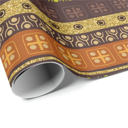 メキシコの部族の茶色の金ゴールドグリーン ラッピングペーパー (ロールコーナー)