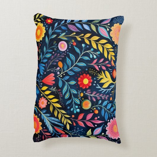メキシコの部族の青いタペストリーフローラアクセント枕。 アクセントクッション (裏面(縦))