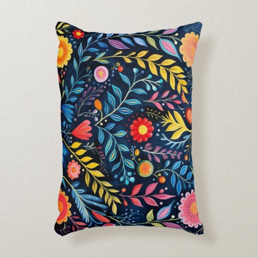 メキシコの部族の青いタペストリーフローラアクセント枕。 アクセントクッション (正面(垂直))