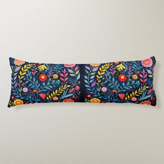メキシコの部族の青いタペストリーフローラ体枕。 ボディピロー (正面)