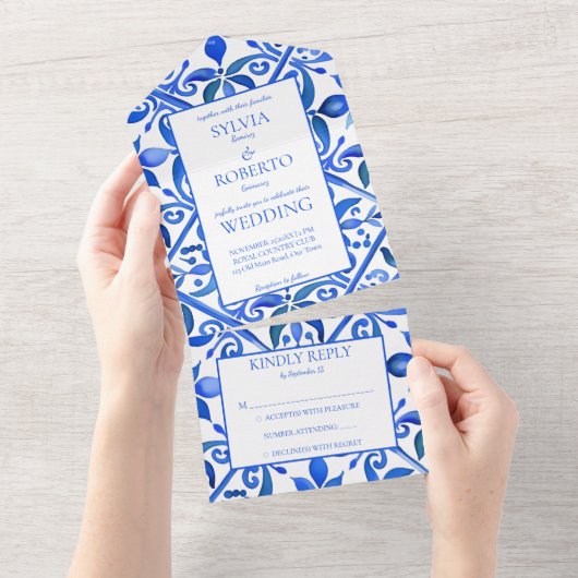 メキシコの青いタラベラのタイル結婚ヴィンテージ オールインワン招待状 (貼ってはがせる)
