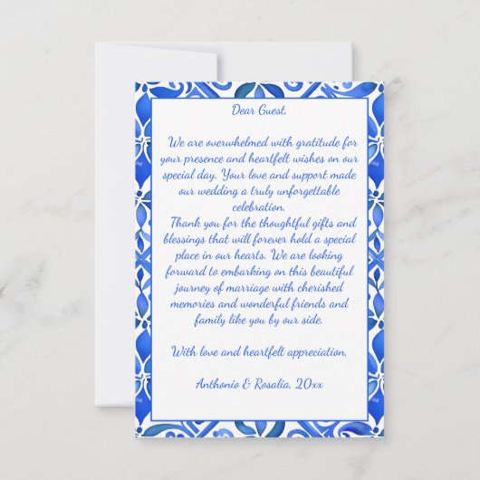 メキシコの青いタラベラのタイル結婚ヴィンテージ サンキューカード (裏面)