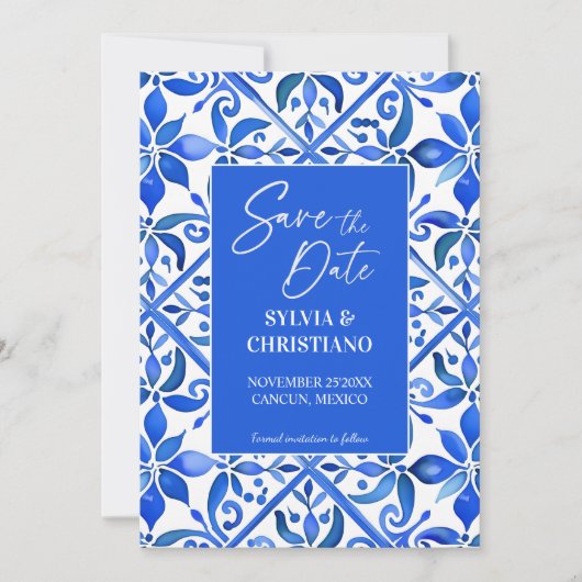 メキシコの青いタラベラのタイル結婚ヴィンテージ セーブザデート (正面)