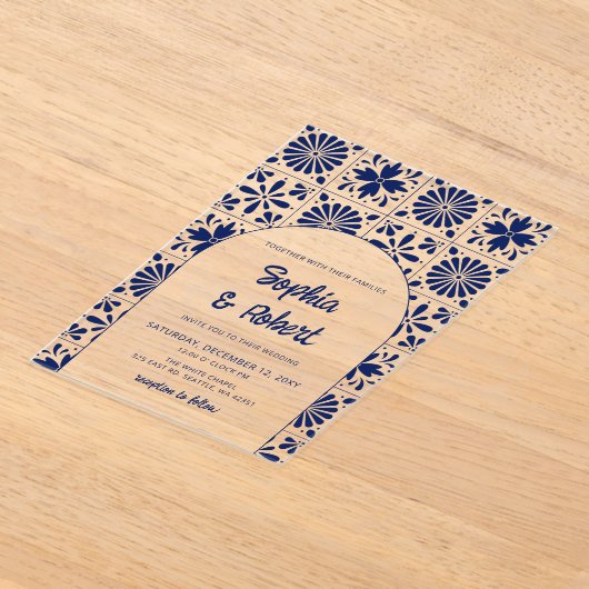 メキシコの青いタラベラ結婚タイル アクリル招待状 (レイダウン)