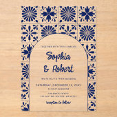 メキシコの青いタラベラ結婚タイル アクリル招待状 (正面)