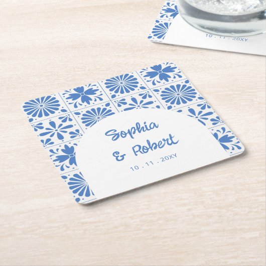 メキシコの青いタラベラ結婚タイル スクエアペーパーコースター (アングル)