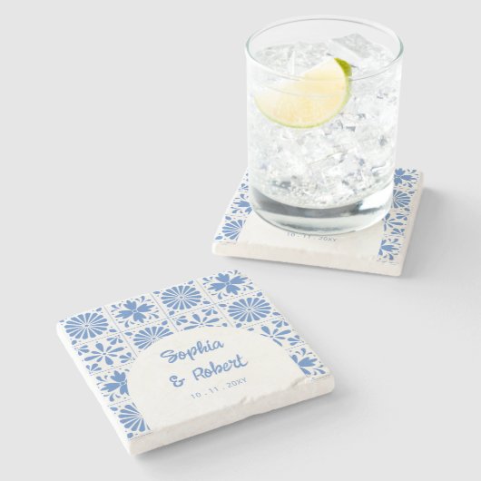 メキシコの青いタラベラ結婚タイル ストーンコースター (横)