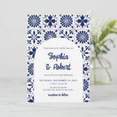 メキシコの青いタラベラ結婚タイル 招待状 (スタンド正面)