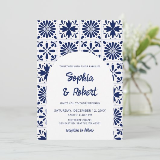 メキシコの青いタラベラ結婚タイル 招待状 (スタンド正面)