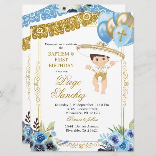 メキシコの青と金ゴールドの洗礼と誕生日  招待状 (正面/裏面)