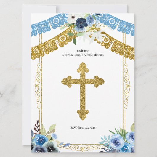 メキシコの青と金ゴールドの洗礼と誕生日  招待状 (裏面)