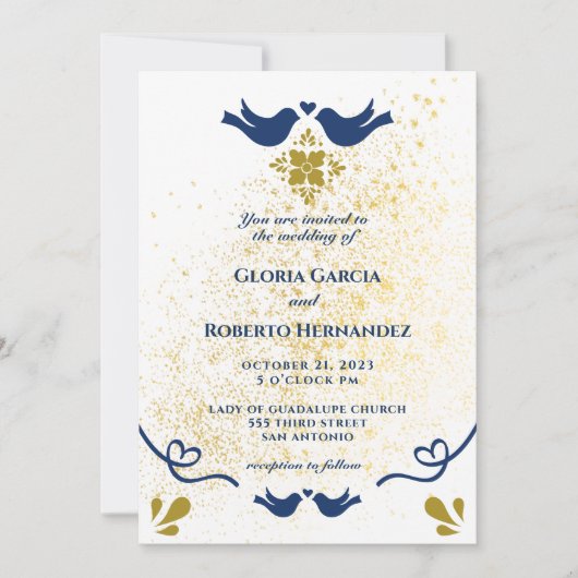 メキシコの青と黄金の愛の結婚鳥 招待状 (正面)