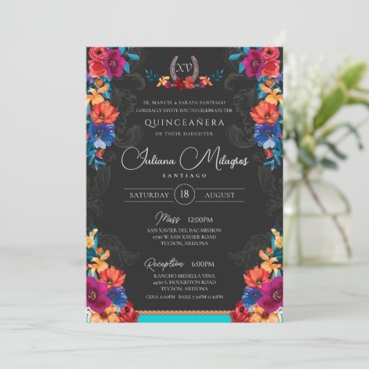 メキシコのFiestaフローラあなたの写真を追加キンセアニェラ 招待状 (スタンド正面)