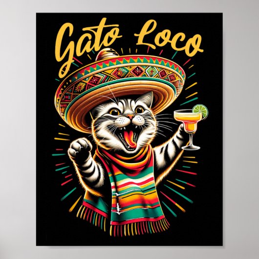 メキシコのGato Loco Sombrero Cat Cinco De Mayo おもしろい ポスター (正面)