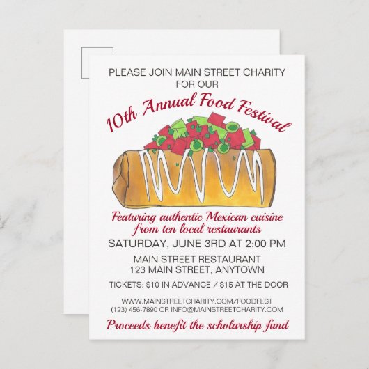 メキシコのTex Mex食品フェスティバルChimichanga インビテーションポストカード (正面/裏面)