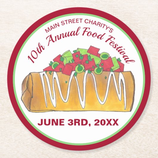 メキシコのTex Mex食品フェスティバルChimichanga ラウンドペーパーコースター (正面)