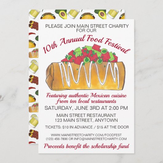 メキシコのTex Mex食品フェスティバルChimichanga 招待状 (正面/裏面)
