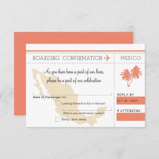 メキシコへの搭乗券 RSVP 招待状 (正面/裏面)
