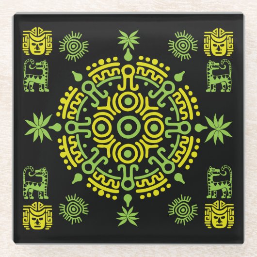 メキシコアステカンアートホームデコール ガラスコースター (正面)