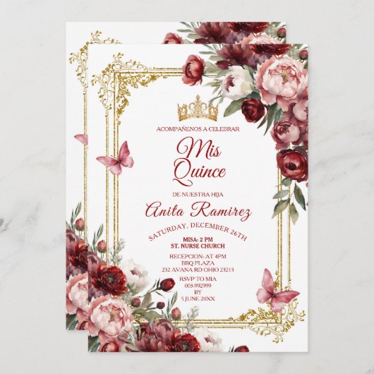 メキシコエレガントンレッドローゼバタフライキンセアニラ 招待状 (正面/裏面)