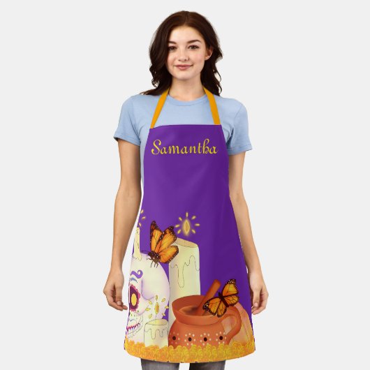 メキシコカラフルの死んだ砂糖スカル エプロン (着用した状態)