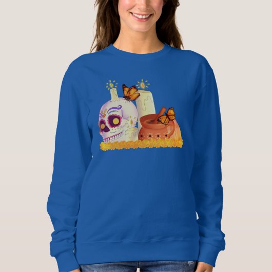 メキシコカラフルの死んだ砂糖スカル スウェットシャツ (正面)