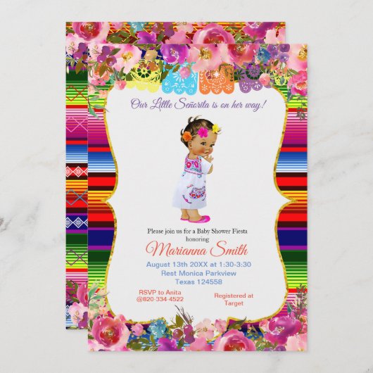 メキシコカラフルンセノリタフィエスタガールベビーシャワー 招待状 (正面/裏面)