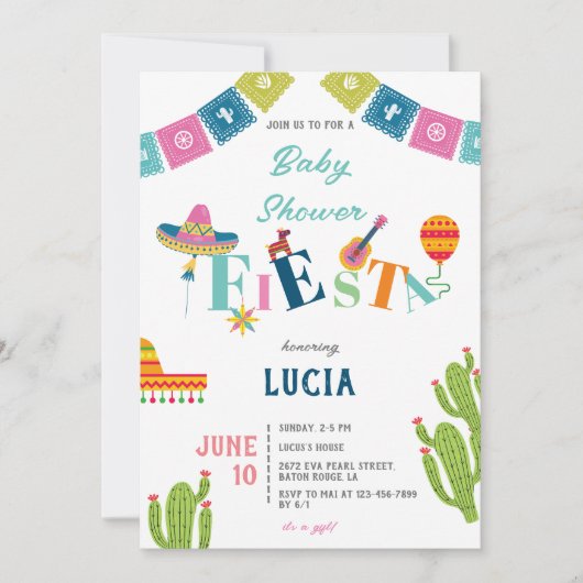 メキシコカラフルンフィエスタサボテン赤ちゃんシャワー 招待状 (正面)