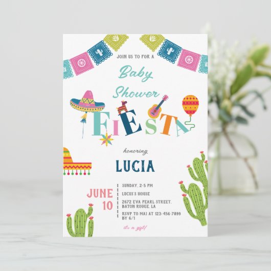 メキシコカラフルンフィエスタサボテン赤ちゃんシャワー 招待状 (スタンド正面)