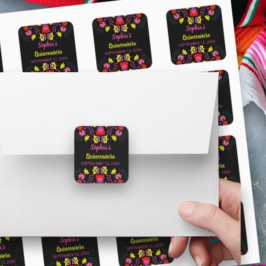 メキシコカラフルンフィエスタパーティー花黒 スクエアシール