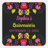 メキシコカラフルンフィエスタパーティー花黒 スクエアシール (正面)