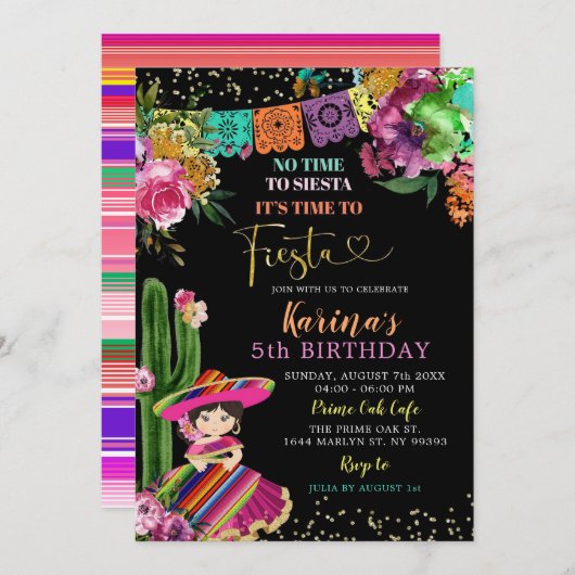 メキシコカラフルンフィエスタフローラ5th誕生日パーティー 招待状 (正面/裏面)