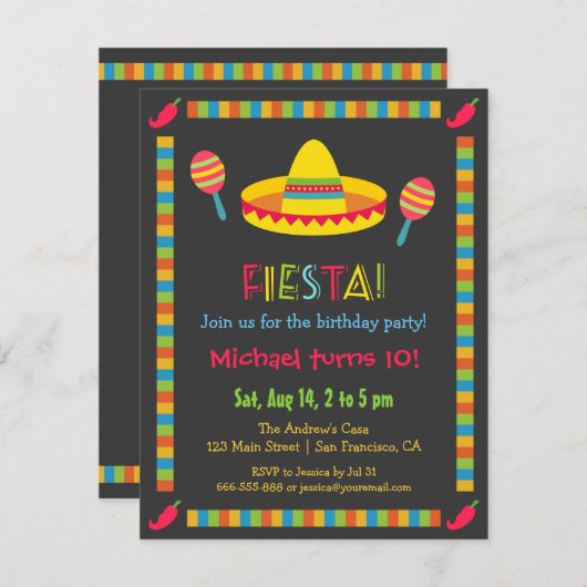 メキシコカラフルンフィエスタ子供の誕生日パーティー 招待状 (正面/裏面)