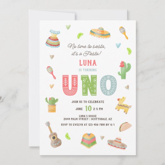 メキシコカラフルンフォトフィエスタファースト誕生日 招待状 (正面)