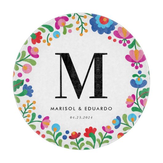 メキシコカラフル刺モノグラムのしゅう結婚の カッティングボード (正面)