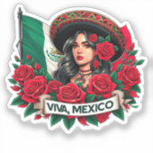 メキシコガールビバメキシコ国旗のアートイラストレーション シール (正面)
