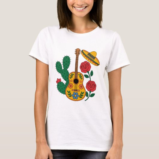メキシコギター・ソンブレロ・サボテンのフィエスタデザイン Tシャツ (正面)