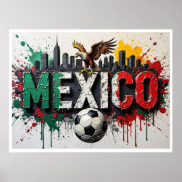 メキシコサッカー都市景観油絵スタイルアート ポスター