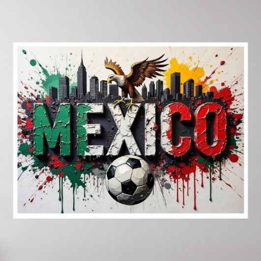 メキシコサッカー都市景観油絵スタイルアート ポスター (正面)