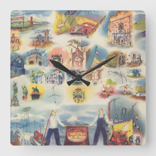 メキシコシティおよび周辺の寓話的な地図 スクエア壁時計 (正面)