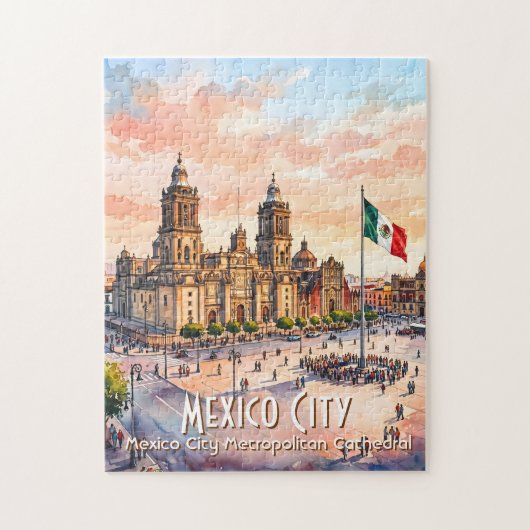 メキシコシティ カトリック大聖堂 水彩画 旅行 ジグソーパズル (縦)