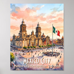 メキシコシティ カトリック大聖堂 水彩画 旅行 ポスター