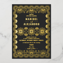 メキシコスカロップパペルピカドフローラブラック結婚ズ 箔招待状