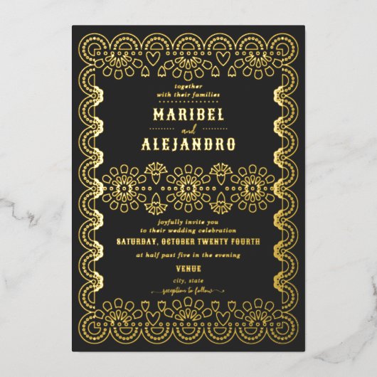 メキシコスカロップパペルピカドフローラブラック結婚ズ 箔招待状 (正面)