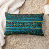 メキシコスタイルパターン-黒、ティール(緑がかった色)および金ゴールド ランバークッション (ブランケット)